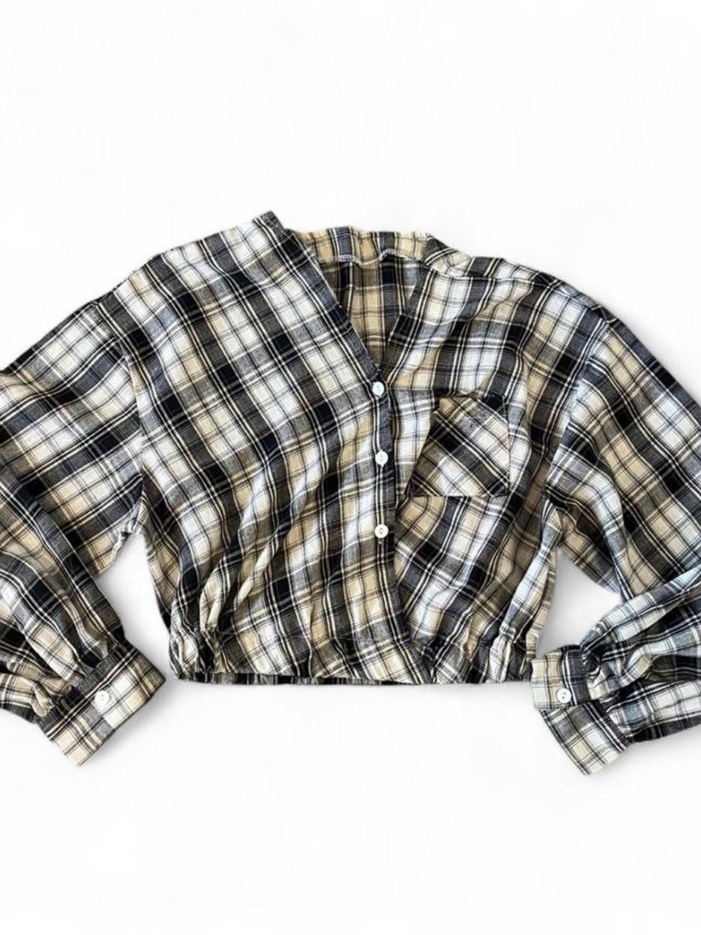 SHEIN Black White Plaid Cropped Button-Up Top